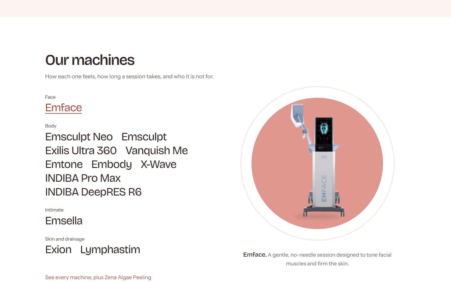 Machines grouped by face, body, intimate, and skin and drainage.