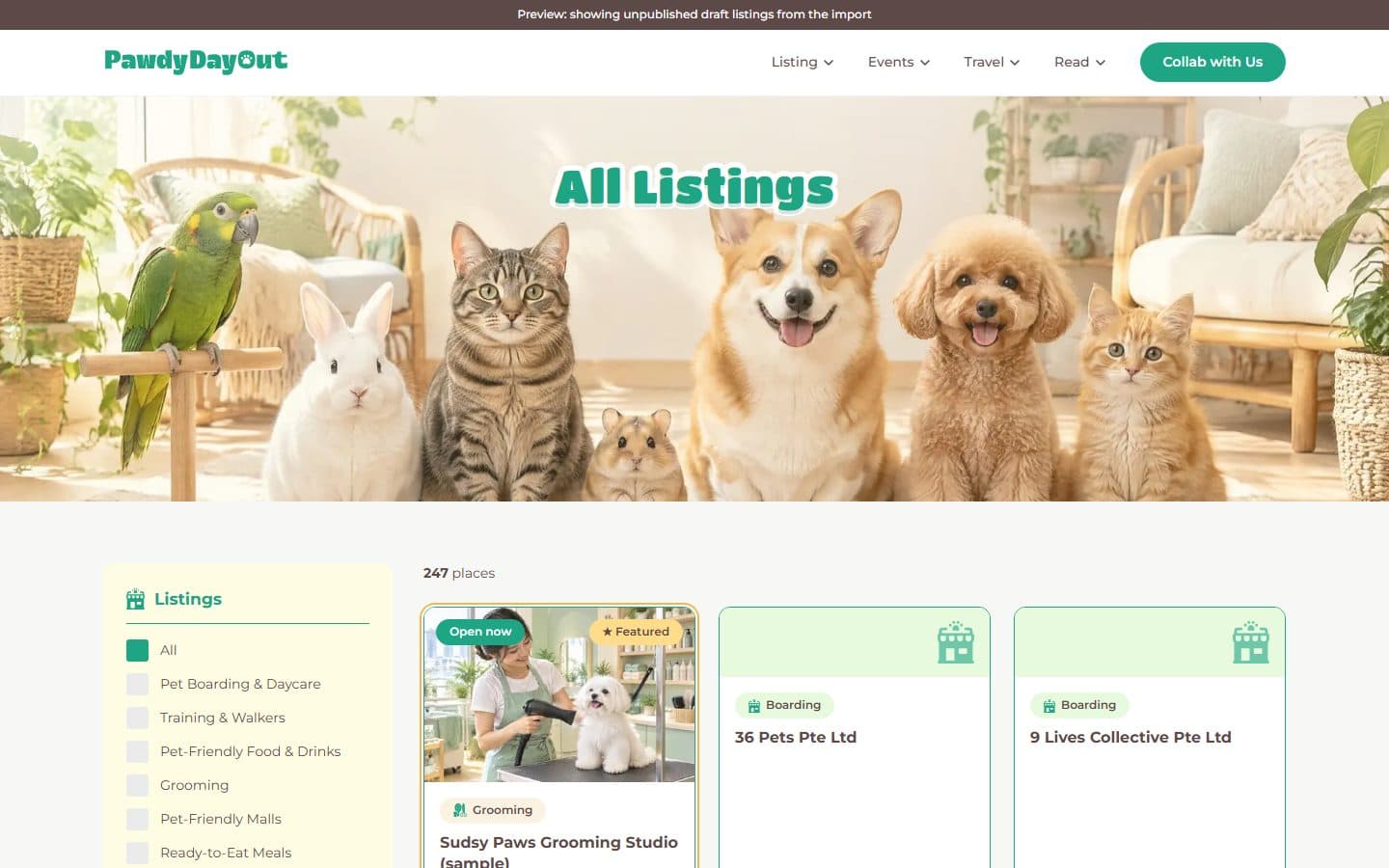 Listings with filters by category, region and pet type.