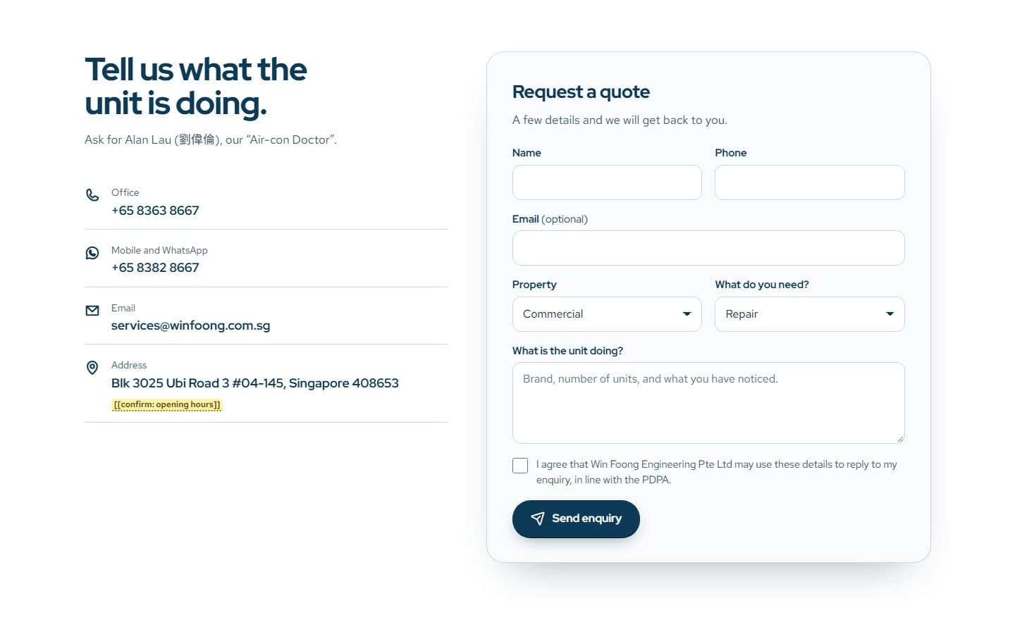 The quote form, with call and WhatsApp details beside it.